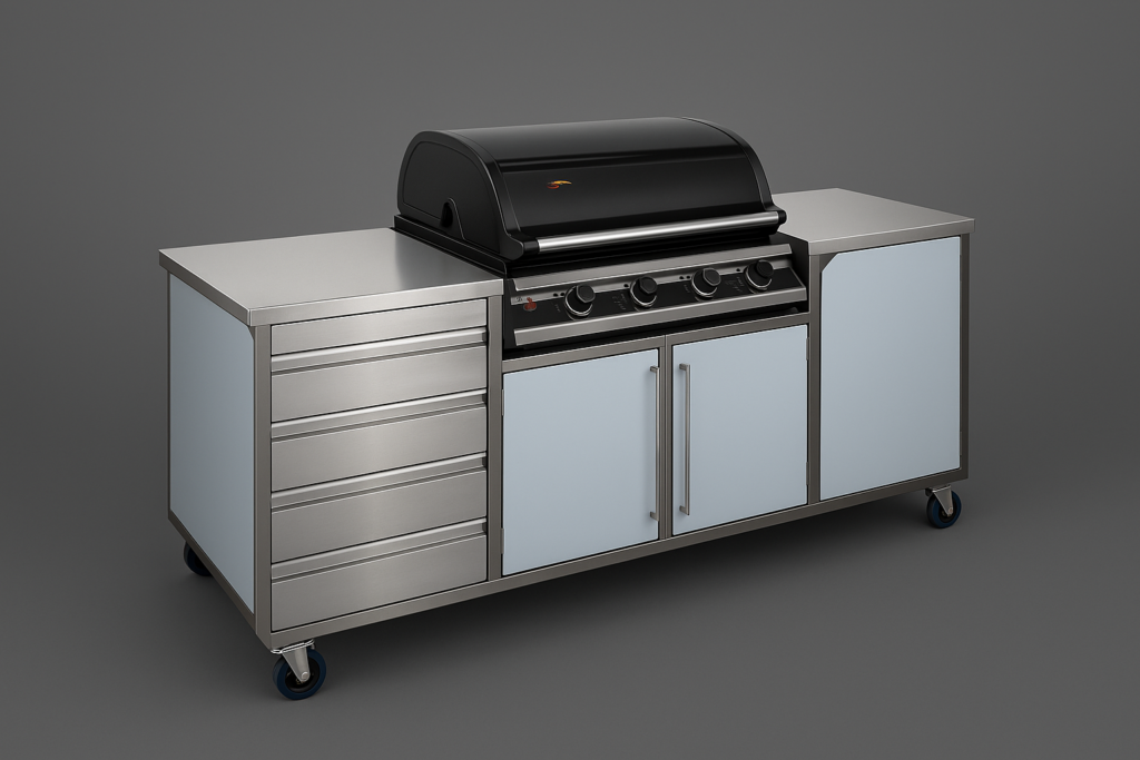 Modern outdoor BBQ unit featuring stainless steel construction