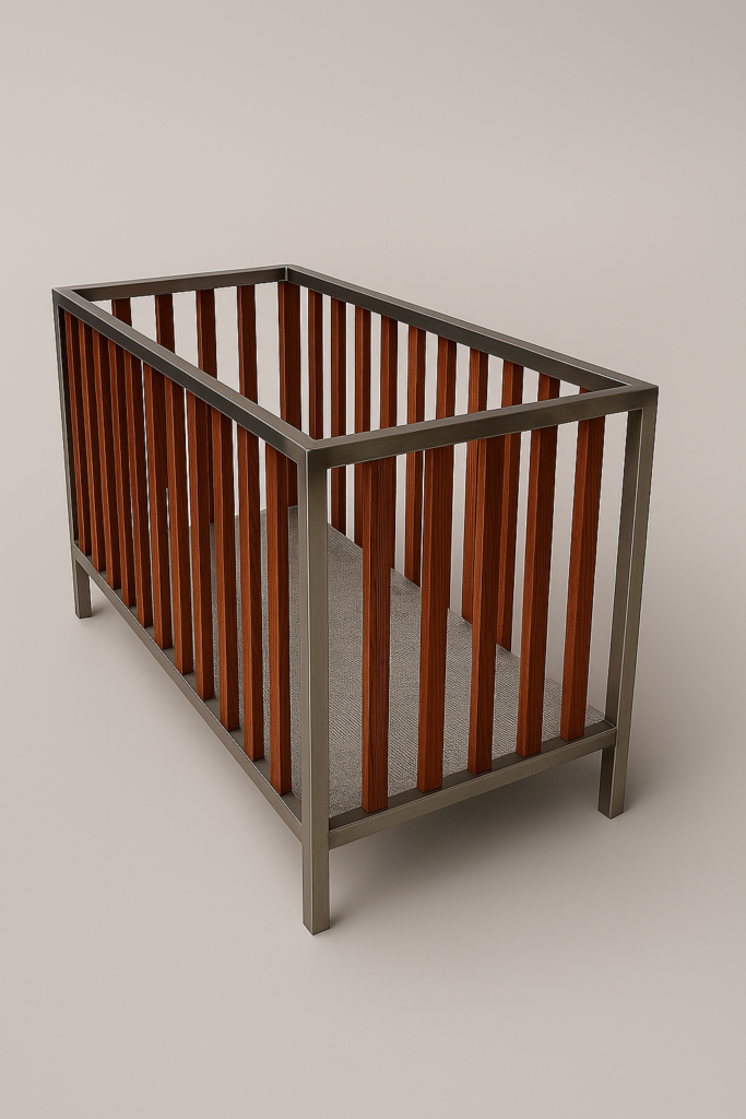 Stainless steel and timber baby’s cot with vertical timber slats and metal frame