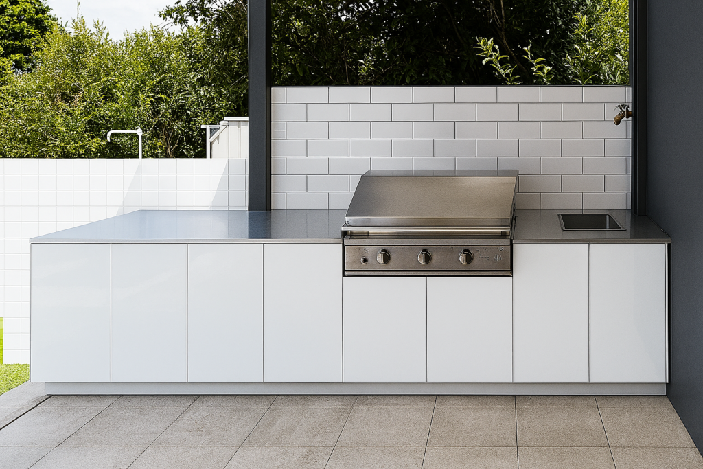Outdoor stainless steel alfresco kitchen area with benchtops and built‑in appliances