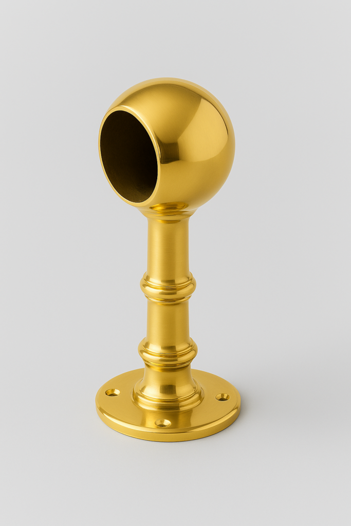 Polished brass foot rail bracket detail with smooth machined finish