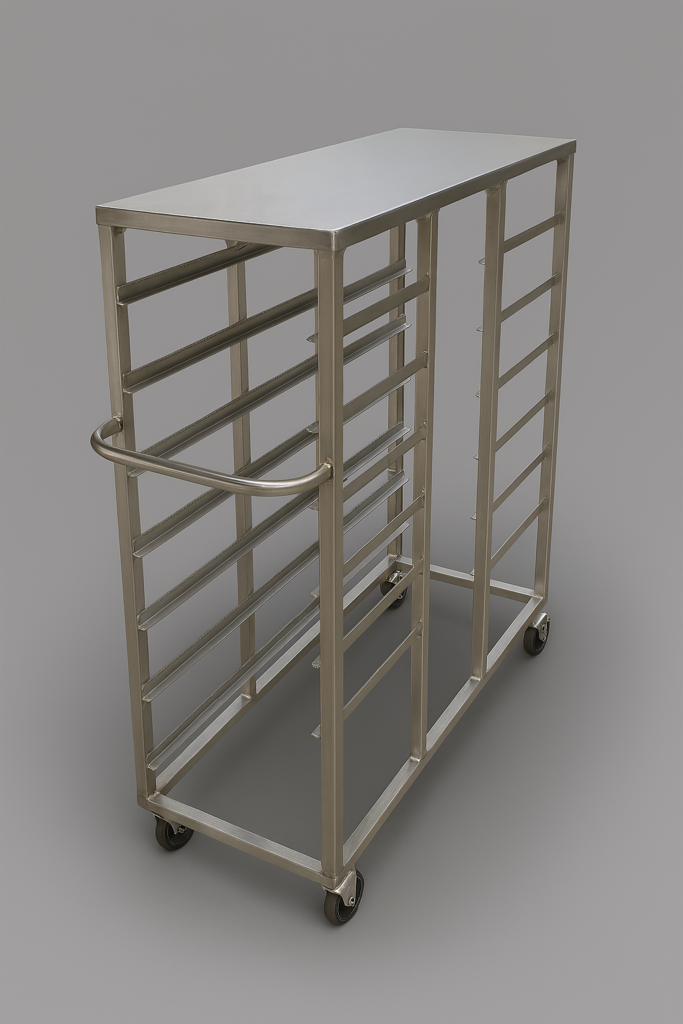 Stainless steel flat top tray trolley with side rails and castor wheels