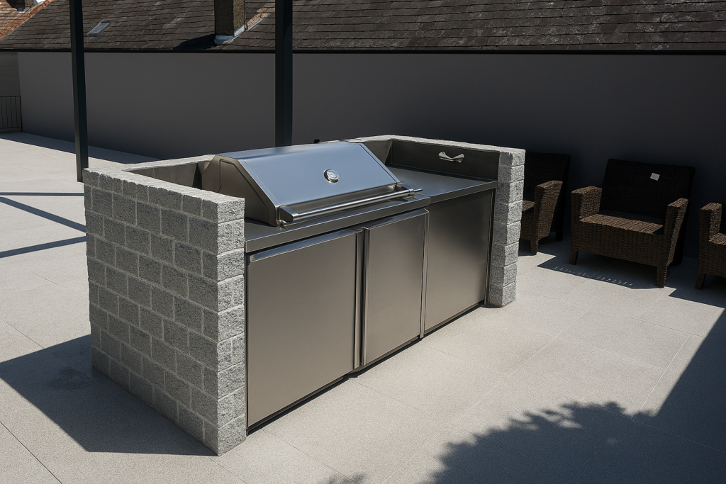 Outdoor stainless steel BBQ unit with integrated bench and storage cabinets