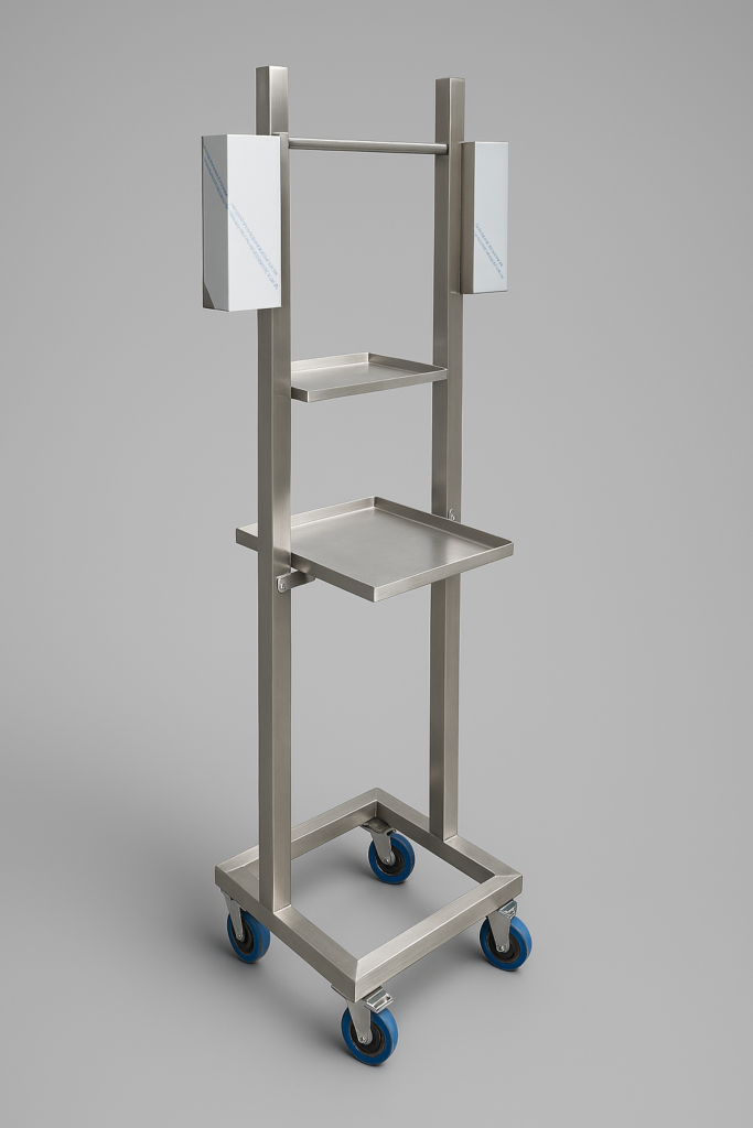 Custom made stainless steel trolleys with multi‑level shelves and castor wheels for food production environments
