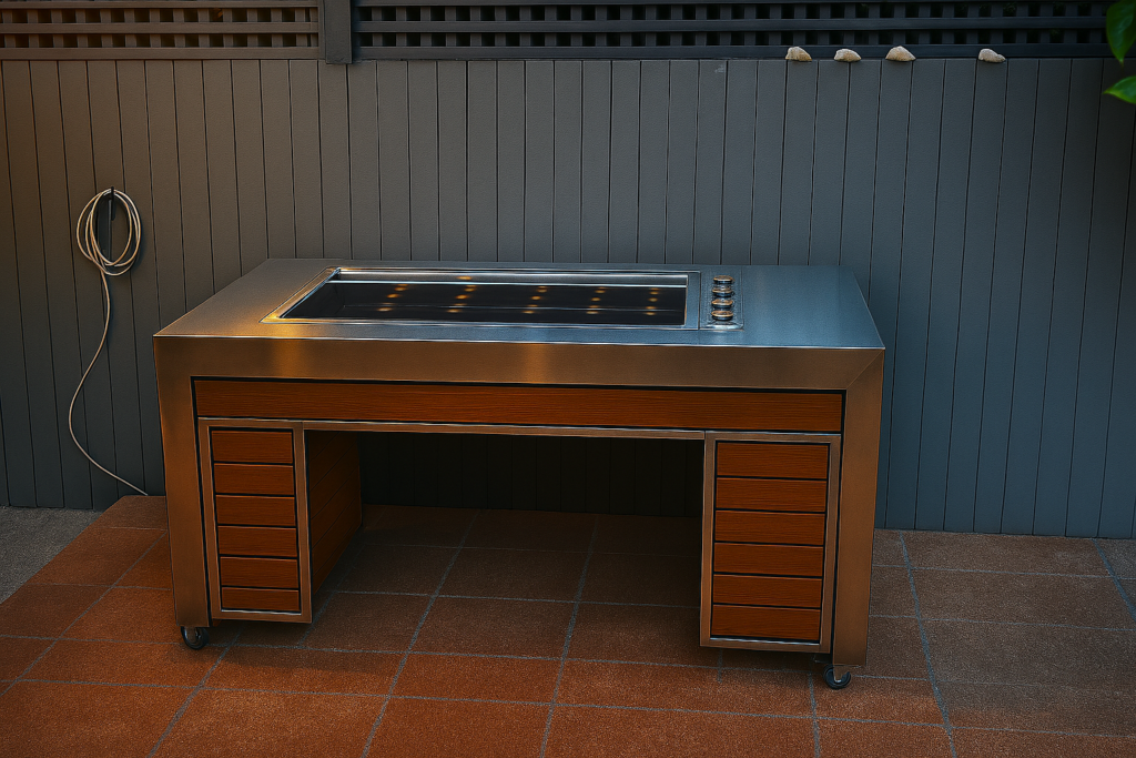 Freestanding outdoor BBQ unit with stainless steel benchtop and cupboards