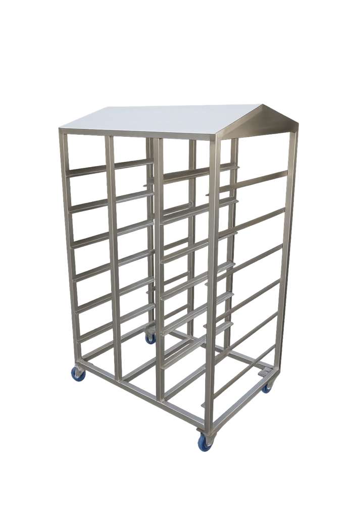 Stainless steel bakery tray trolley with flat top, multi‑slot side rails, and castor wheels