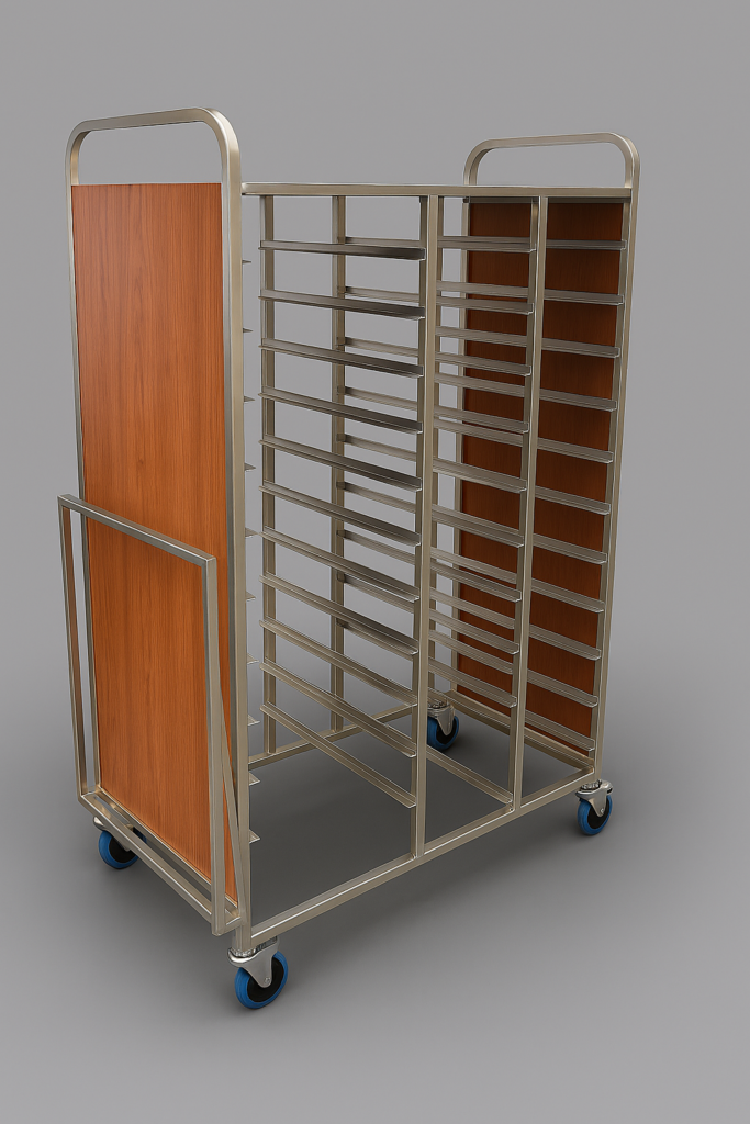 Stainless steel tray trolley with removable timber side panels, multi‑level rack rails, and castor wheels