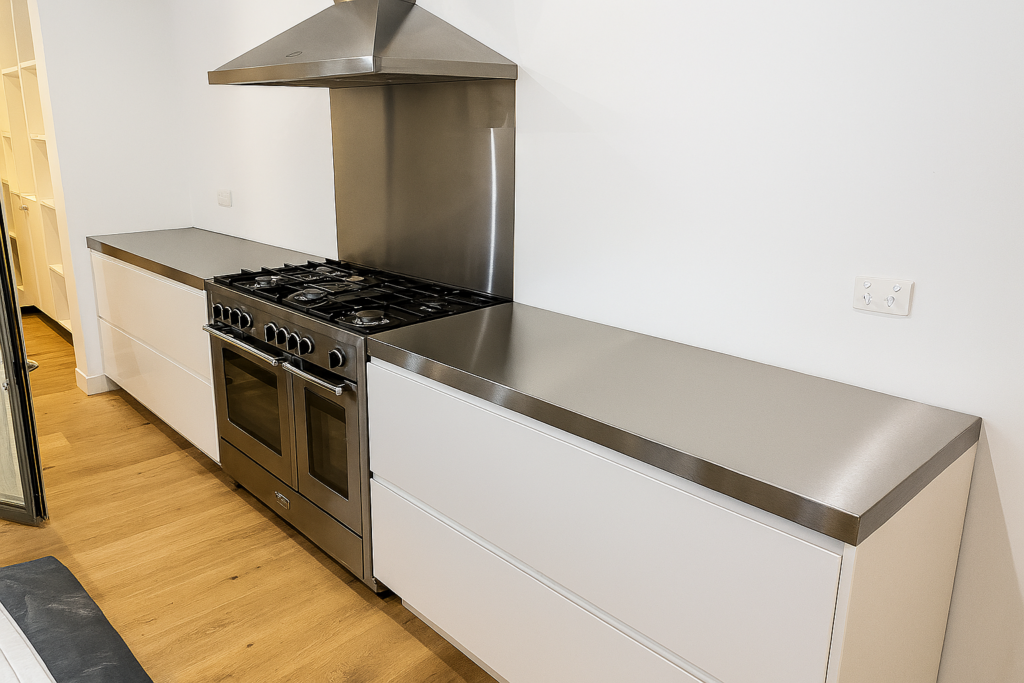 Architectural stainless steel kitchen installation inside a modern interior