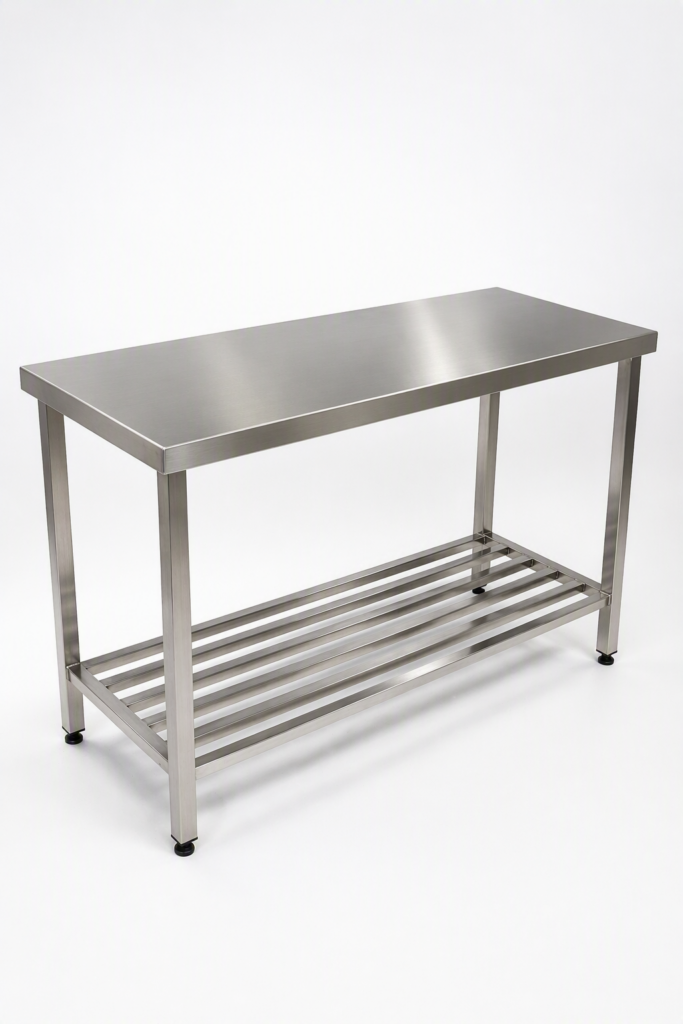 Custom stainless steel work bench with slatted undershelf and adjustable feet, manufactured in Sydney.