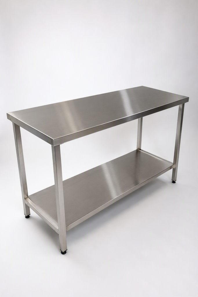 Custom flat-pack stainless steel bench with undershelf manufactured in Sydney