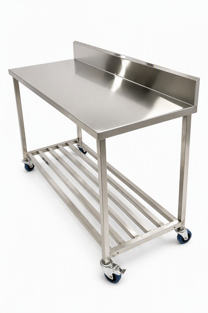 Custom flat-pack stainless steel work bench with splashback, slatted undershelf and locking castors on a seamless white studio background.